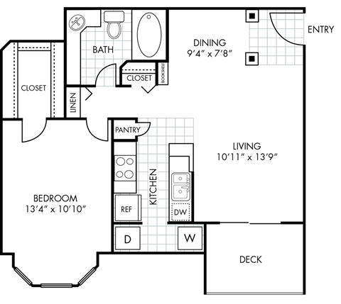 Floor plan for 1 bed, 1 bath, 709 sqft